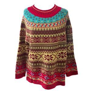 Fair Isle Knit Sweater Red Turquoise Nordic Geometric Snowflake Pullover LG NWOT